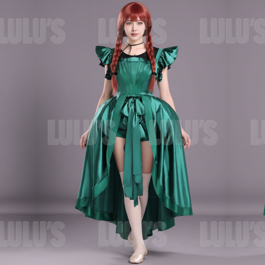 agnes demille gala dress front view adult — Front view of the green satin Agnes DeMille gala dress with pleated bodice and ruffle sleeves.