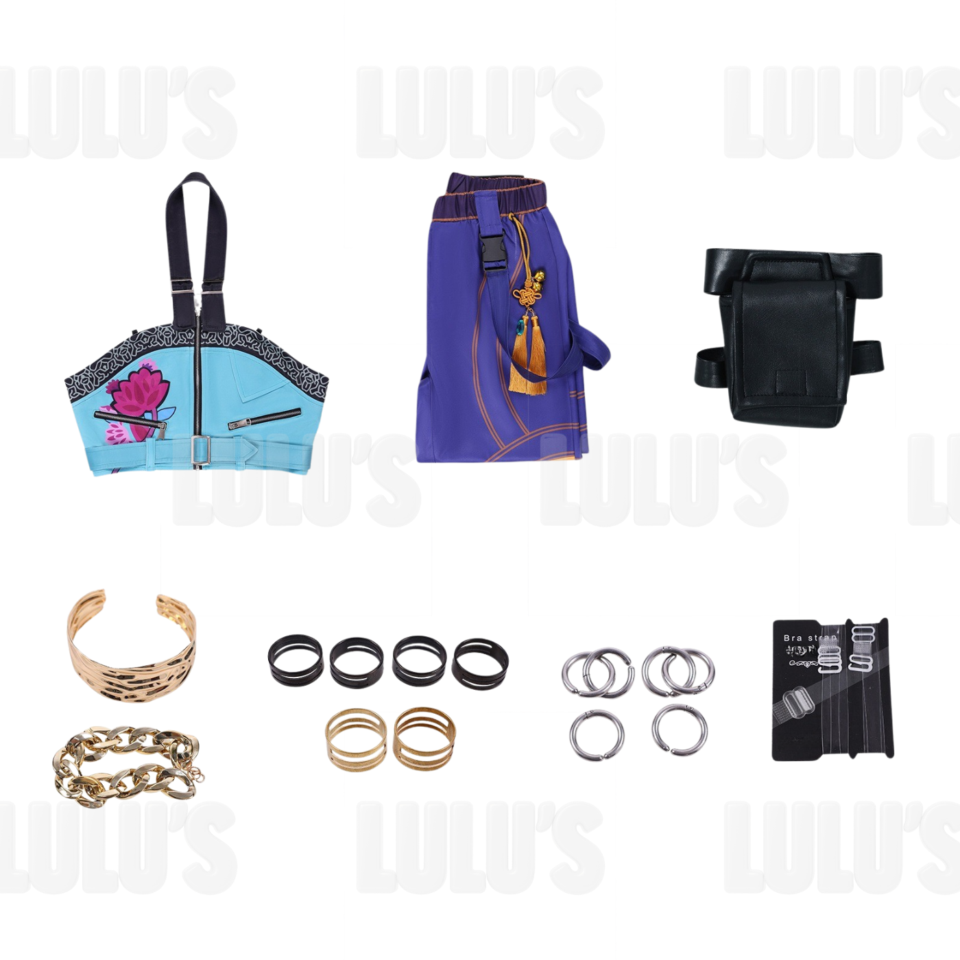Flat lay K-Pop Demon Hunters Zoe cosplay costume set including blue crop top, purple printed pants, black arm pouch, belts, tassel accessory, and matching rings and bracelets for accurate character look.