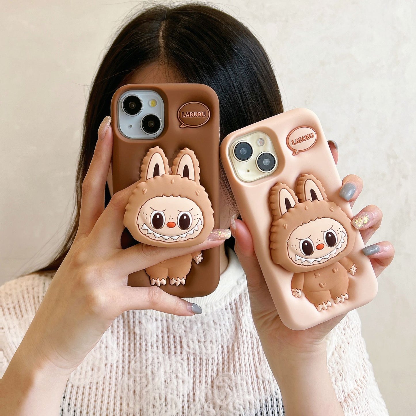 Labubu Silicone Phone Case Telescopic Stand Pressed Cream and Brown