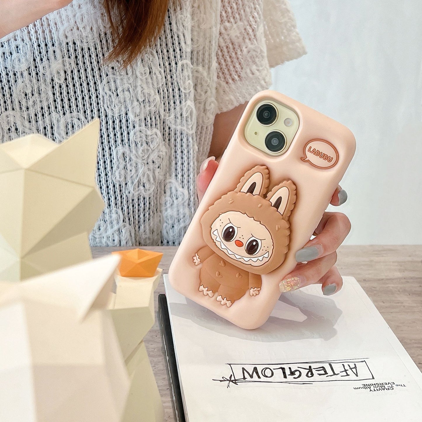 Labubu Silicone Phone iPhone Case Telescopic Stand Pressed Cream On Desk