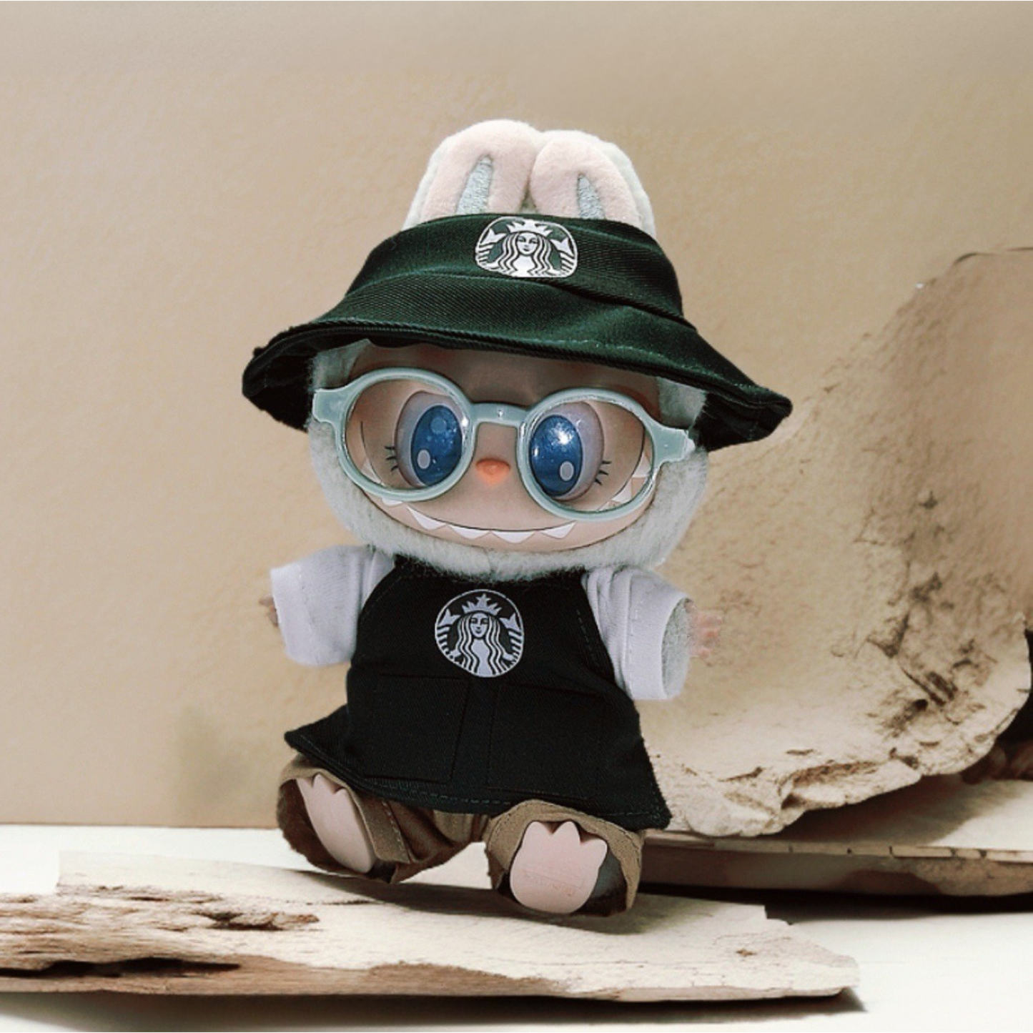Labubu with 4-piece starbucks uniform with shoes an green glasses