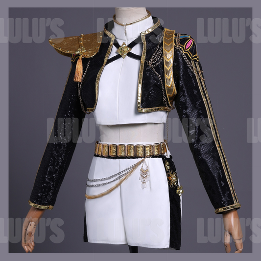 Front angled view of Rumi cosplay costume Black and Gold set from Golden song with sequin jacket, white skirt, and gold accessories