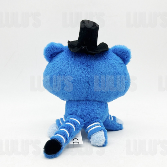 Rear view highlighting tail curve and embroidered stripes on blue fur.