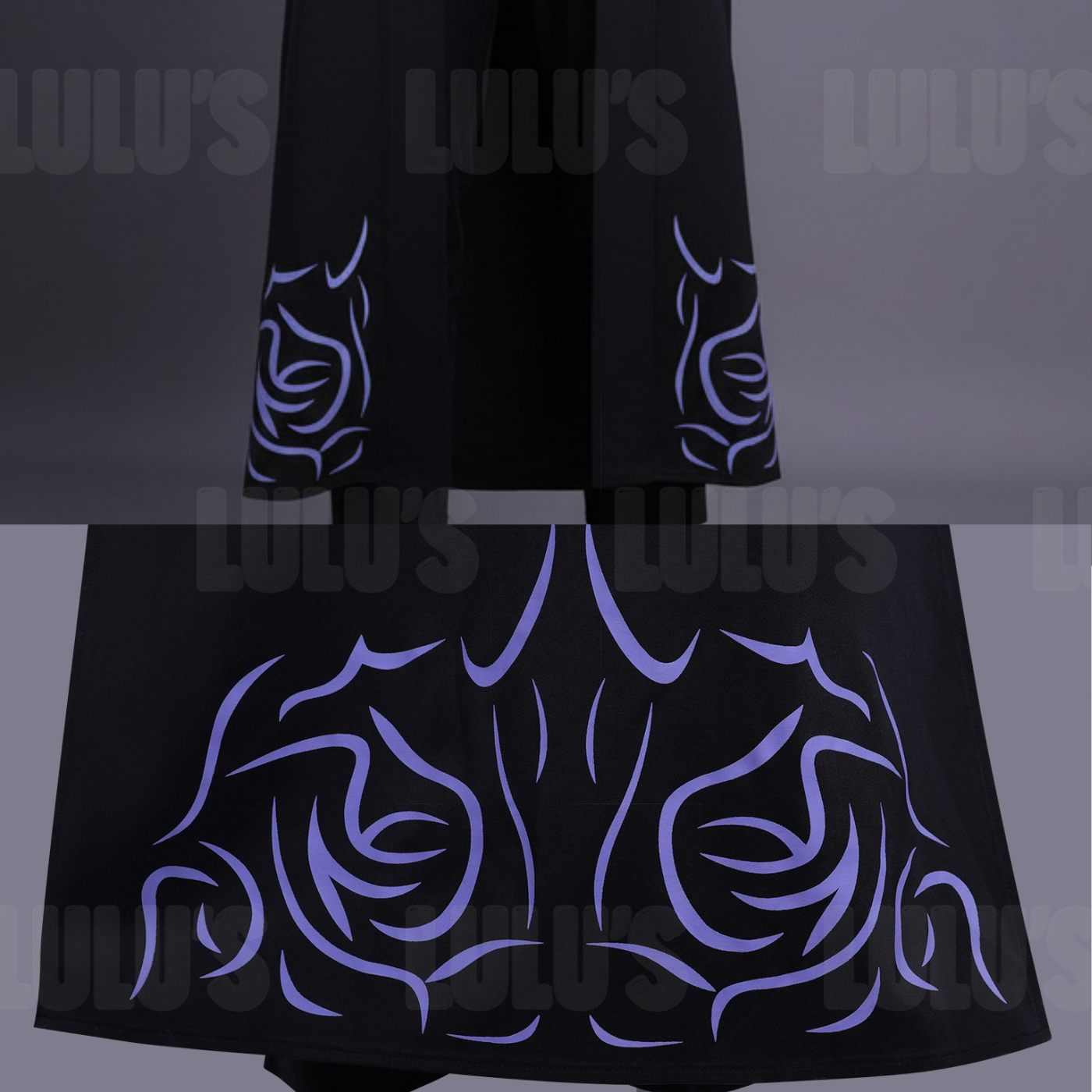 Jinu cosplay costume closeup of front and back view showing long robe design with violet embroidered patterns
