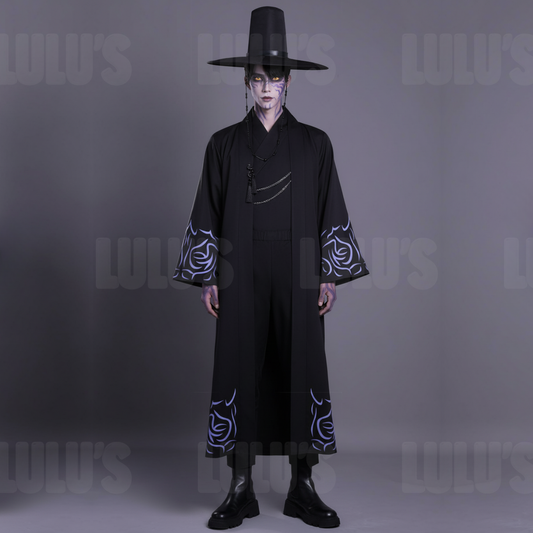 Jinu cosplay costume front view with black robe violet embroidery wide brim hat and accessories