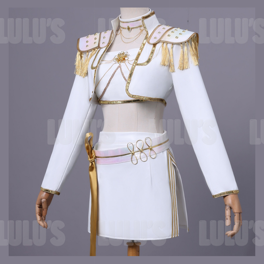 Front angled view of Mira White cosplay costume showing floral brooch, gold-trimmed skirt, and tassel shoulders
