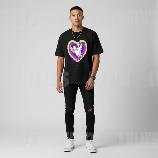 Detailed closeup of the Rujinu design on black fabric showing vivid heart colours and cartoon characters.