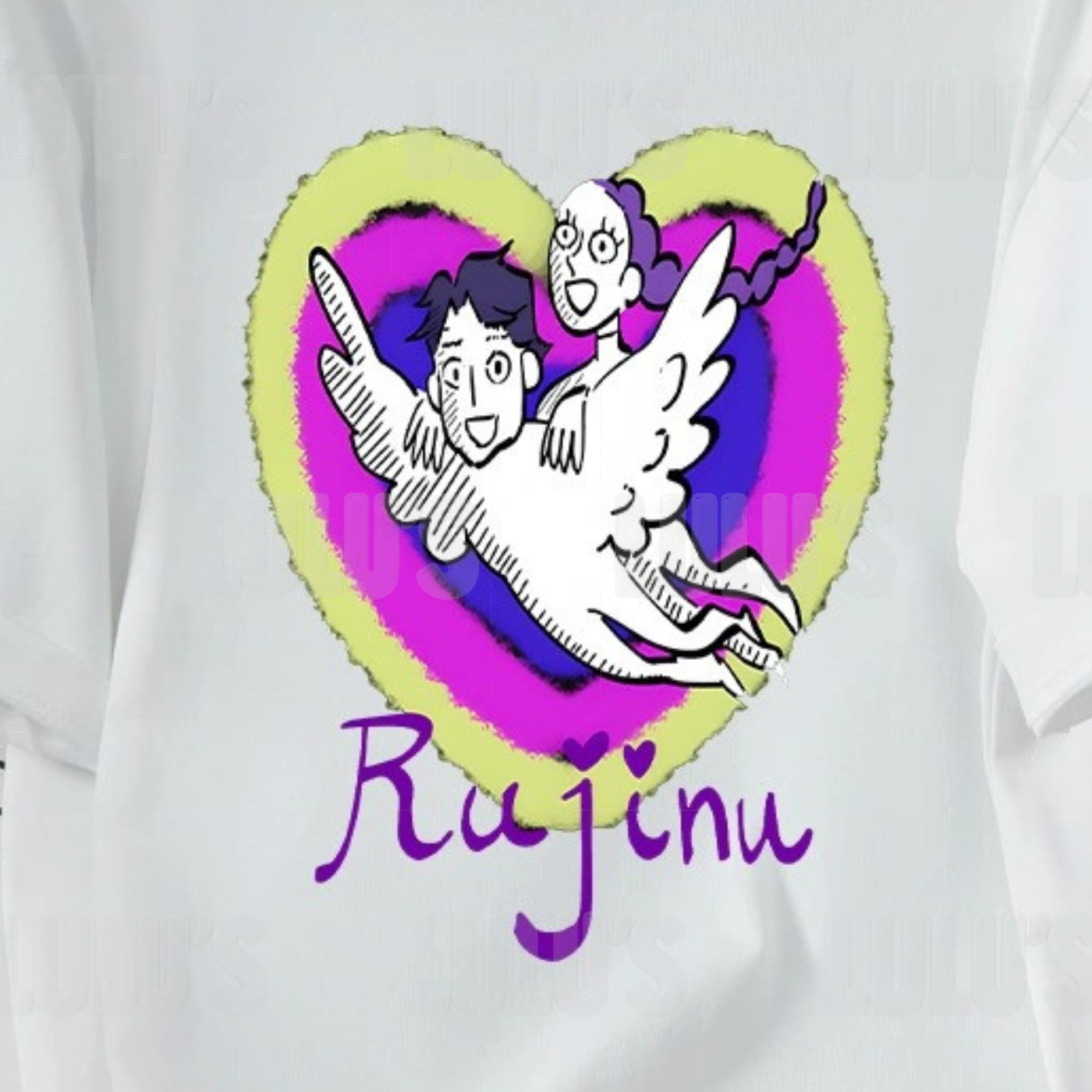 Closeup of the Rujinu T shirt print highlighting the cartoon artwork with bold heart background and purple Rujinu text.