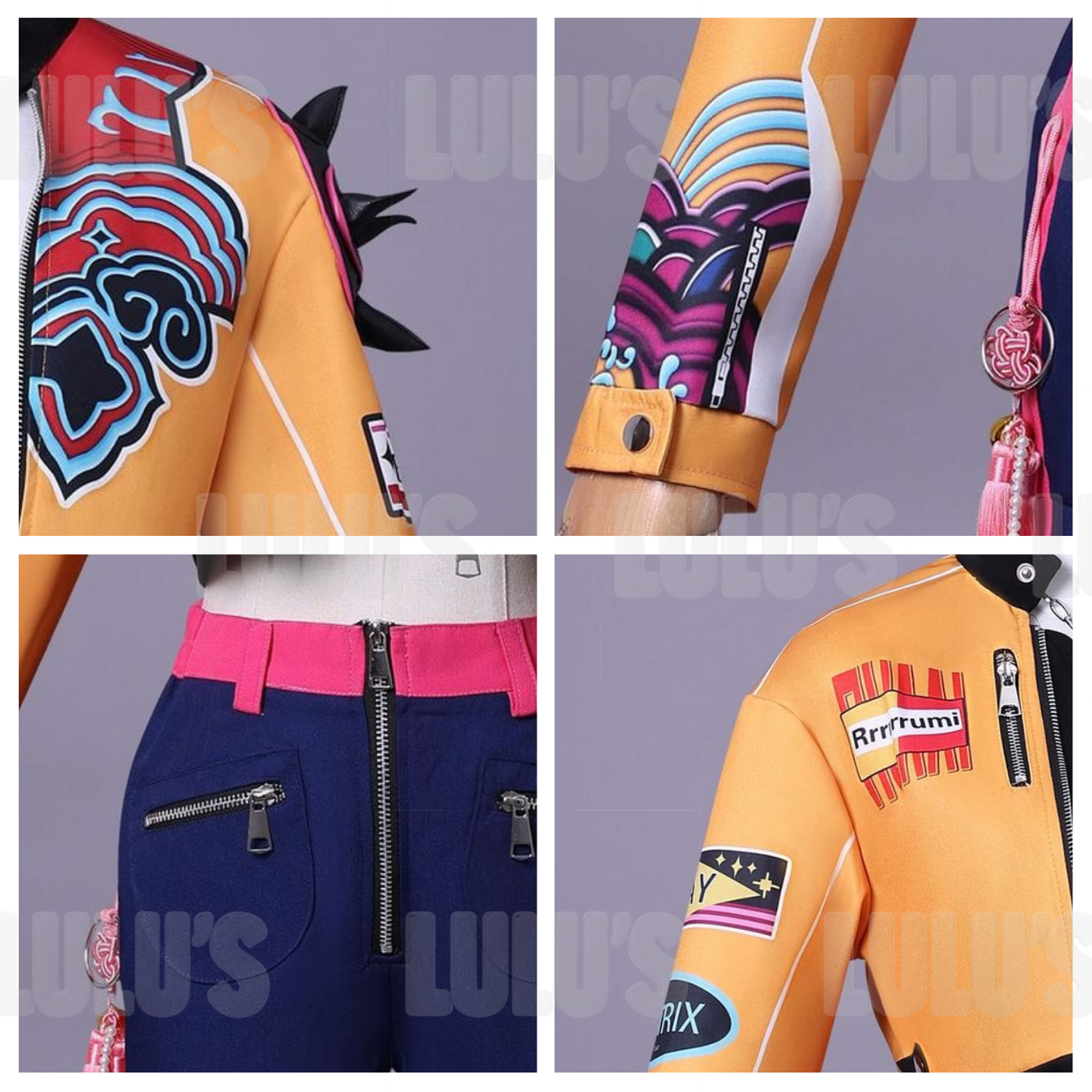 Multiple close-up shots of Rumi cosplay costume highlighting jacket patches, sleeve prints, pink belt with tassel, and zippered navy shorts.
