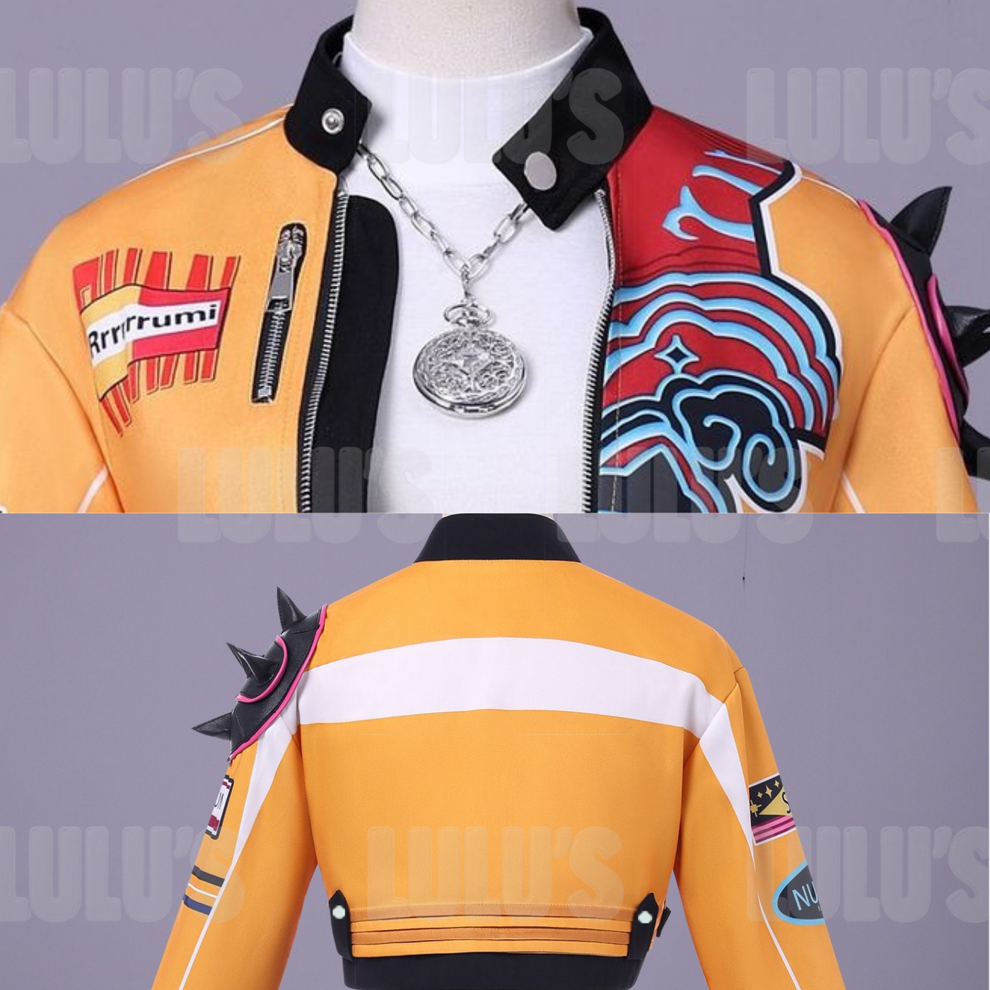 Detail close-ups of K-Pop Demon Hunters Rumi cosplay jacket showing shoulder spikes, zipper front, colorful printed designs, and necklace accessory.