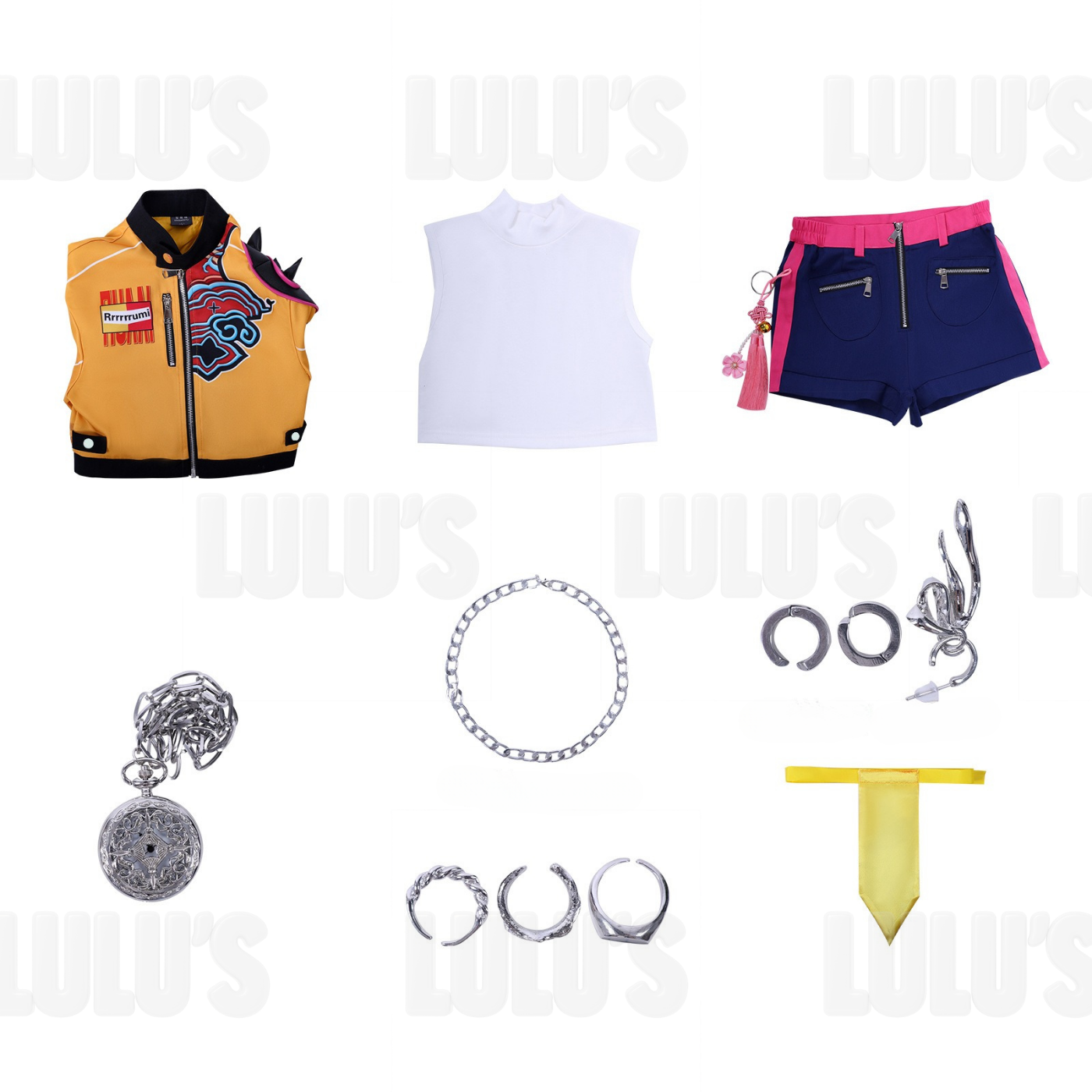 Full K-Pop Demon Hunters Rumi cosplay costume set flat lay including orange jacket, white crop top, navy shorts, silver necklace, rings, earrings, chain, and yellow tie accessory.