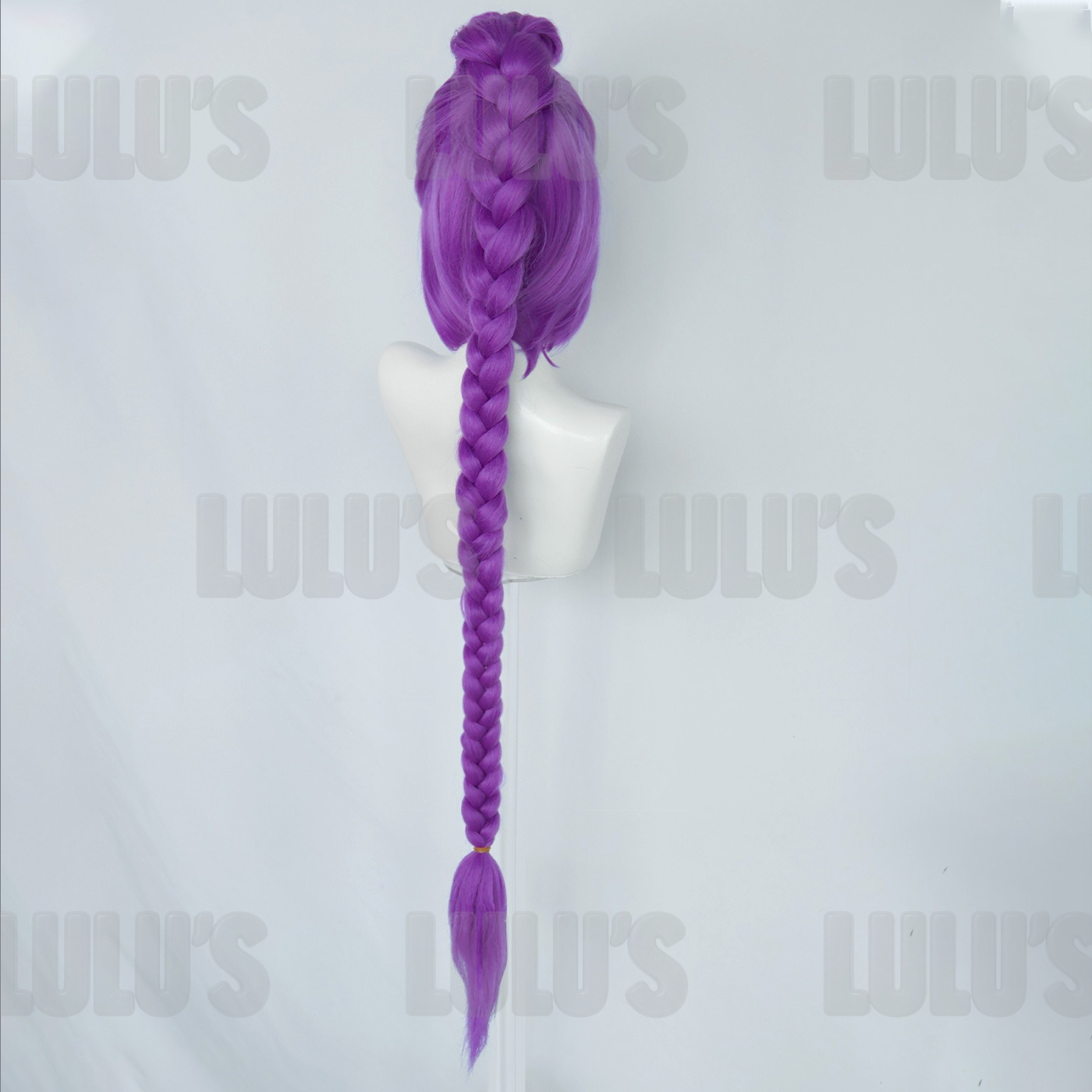 Back view of Rumi cosplay wig showing full-length purple braid extending down the back. High-quality synthetic fiber with natural shine.