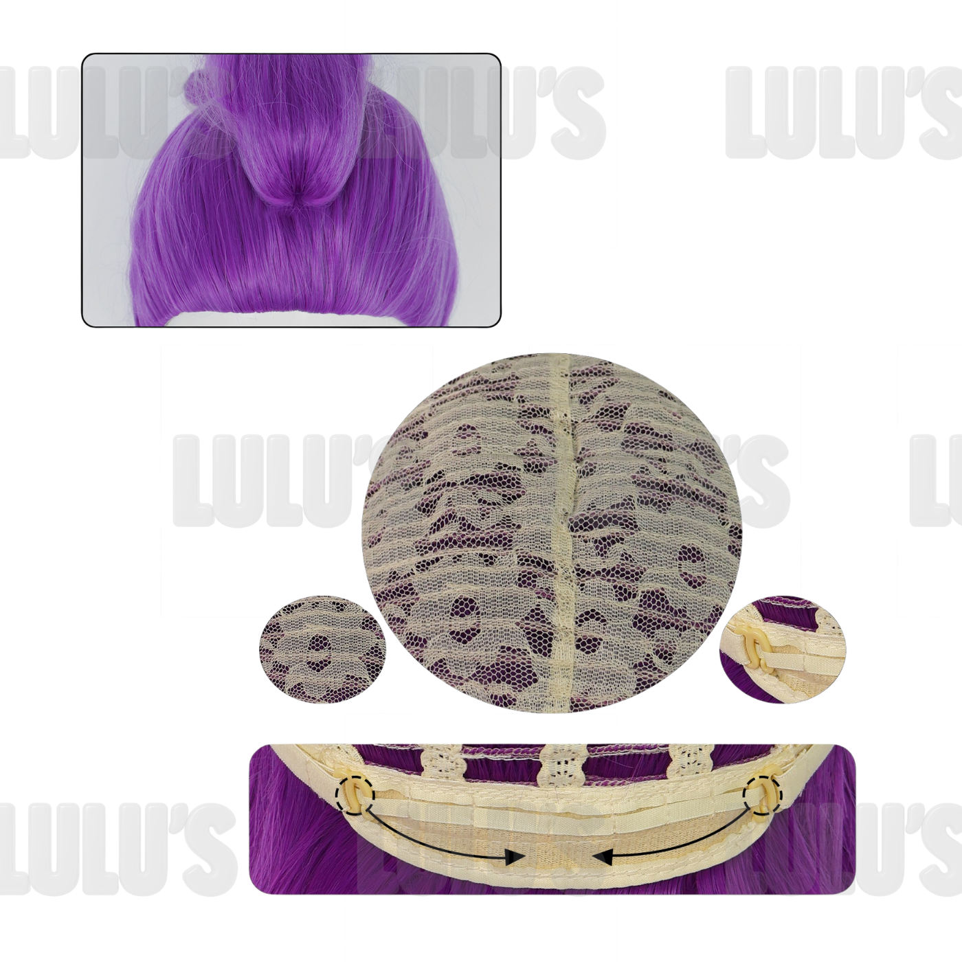 Interior construction of Rumi cosplay wig with adjustable lace cap and secure straps for comfortable fit.