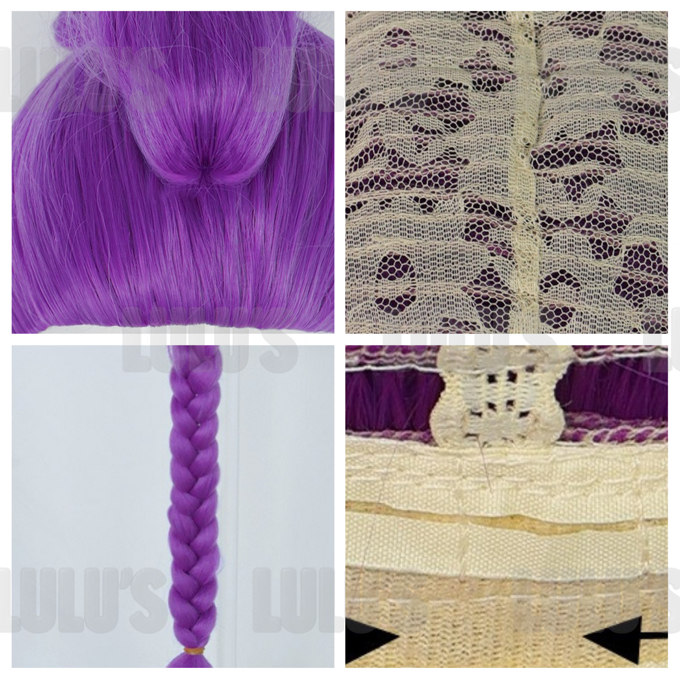 Close-up collage of Rumi purple cosplay wig highlighting braid texture, lace cap interior, and reinforced wig structure.