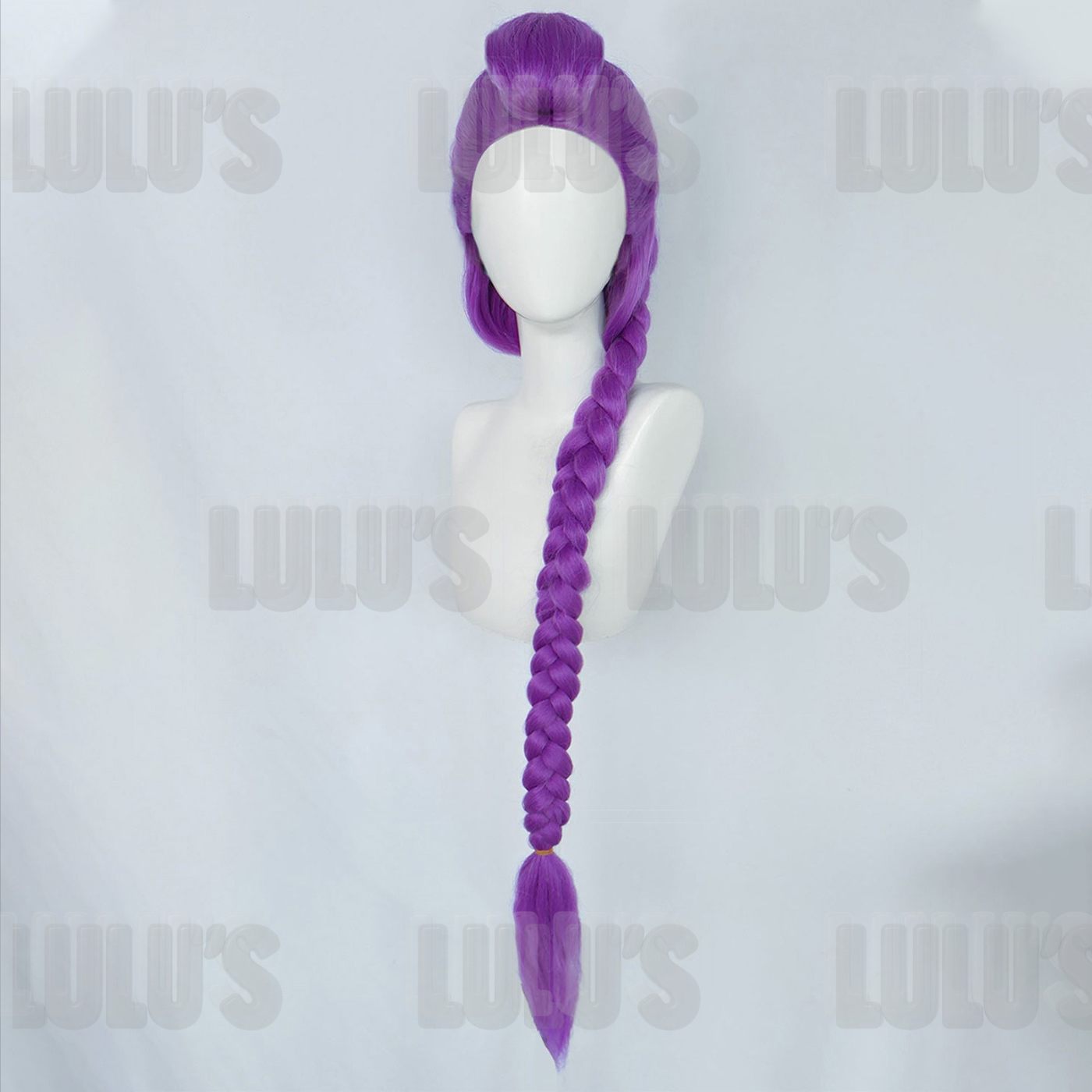Front view of Rumi cosplay wig in vibrant purple with long thick braid styled over the shoulder. Perfect match for K-Pop Demon Hunters Rumi costume.