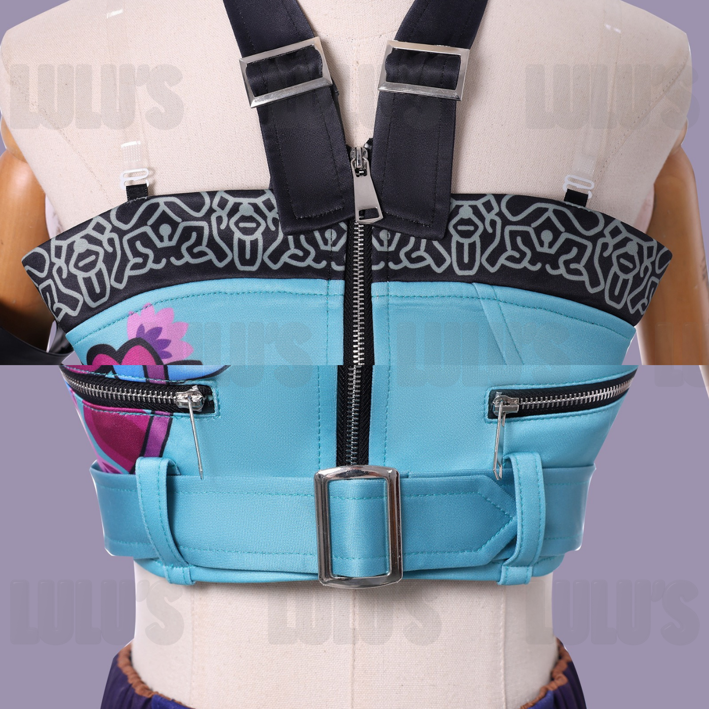 Blue cropped top with lotus flower print, zipper front, belt buckle, and black shoulder straps from K-Pop Demon Hunters Zoe cosplay outfit.