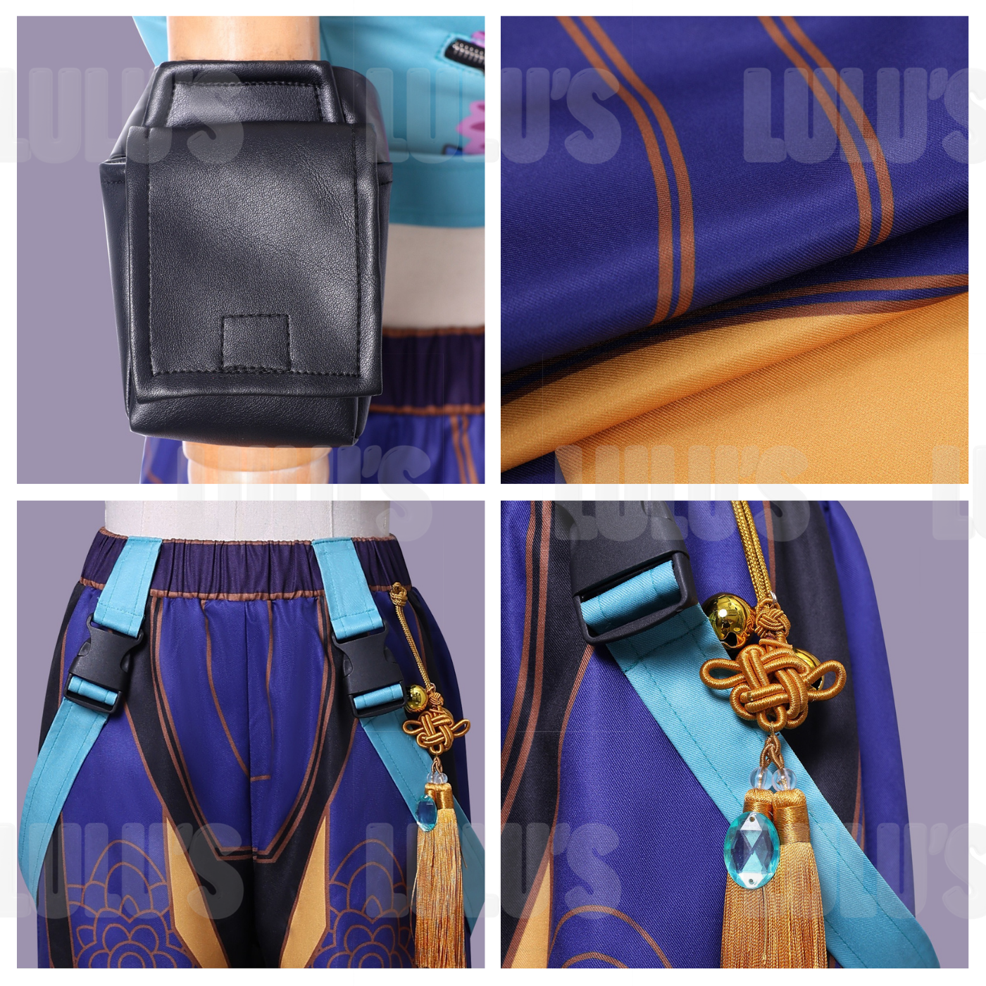 Close-up details of K-Pop Demon Hunters Zoe cosplay costume showing purple patterned pants with tassels, black arm pouch, and blue strap buckles with gold accents