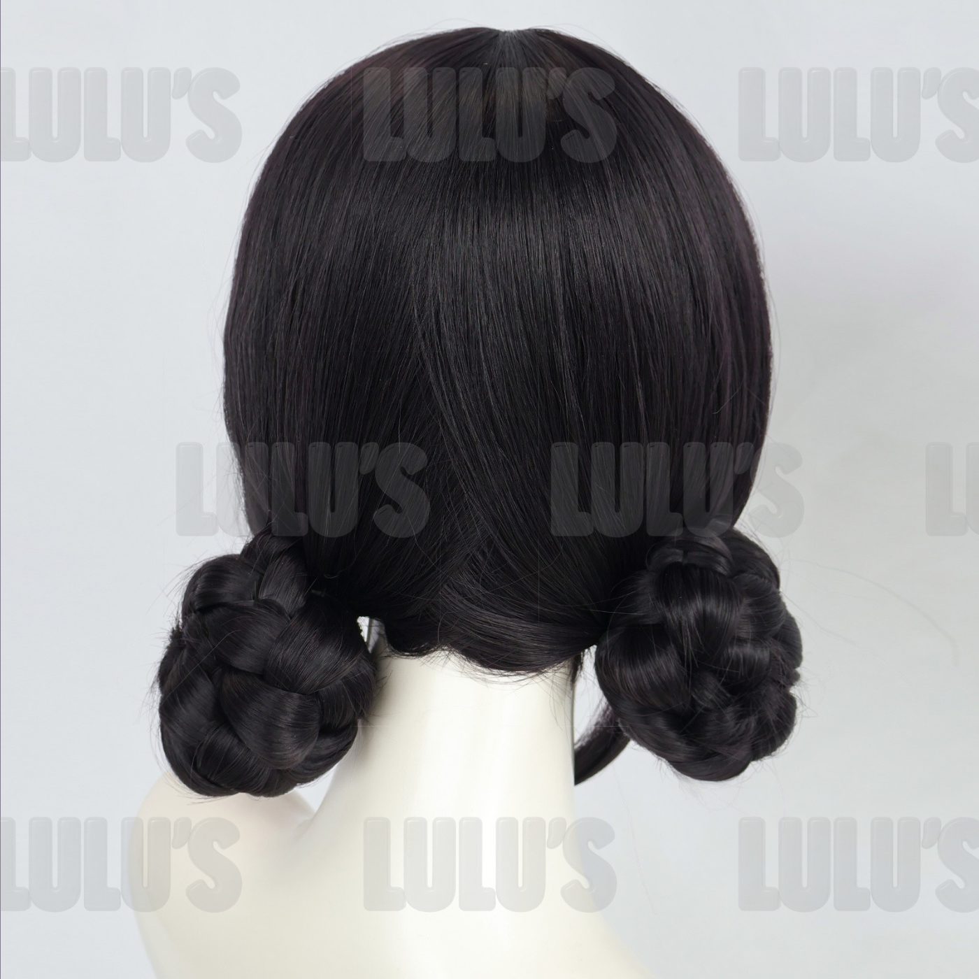 Back view of Zoe cosplay black wig with dual braided buns and smooth layered strands for accurate styling.