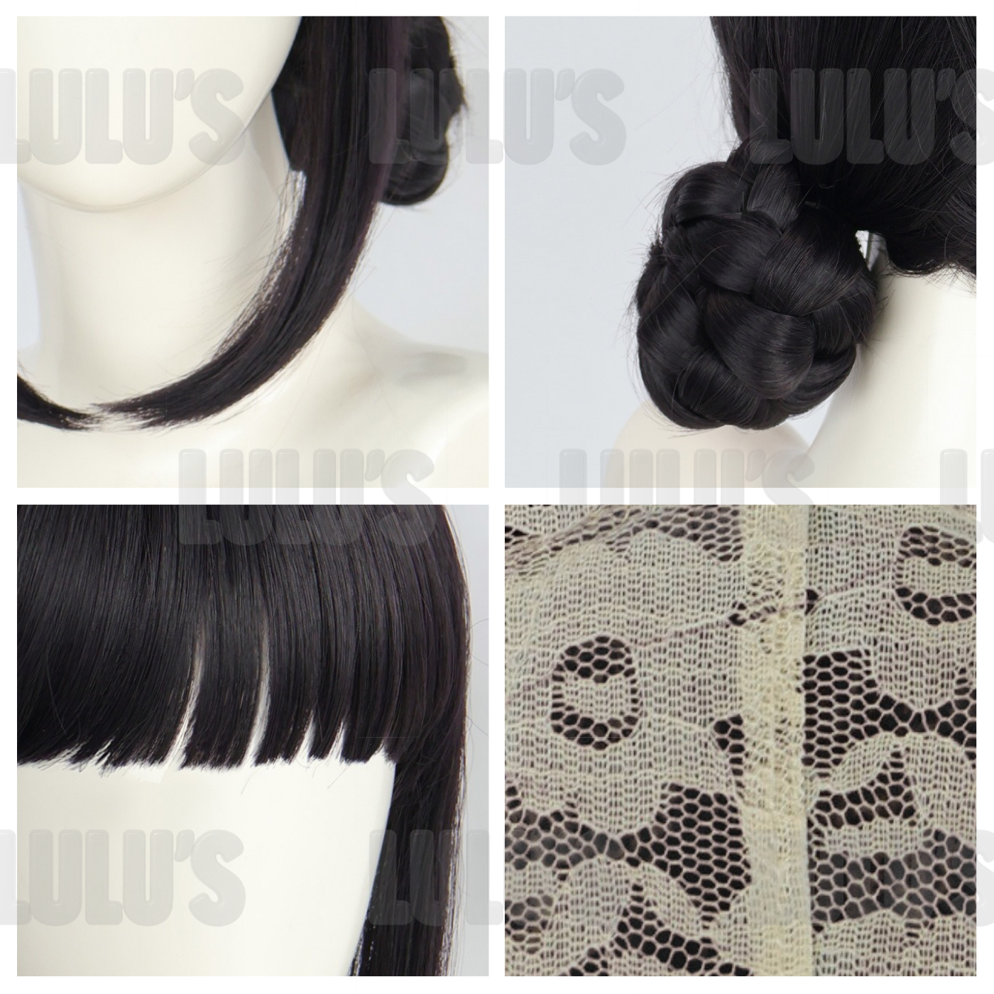 Multiple detail shots of Zoe cosplay wig highlighting fringe, braided buns, hairline, and lace cap construction.