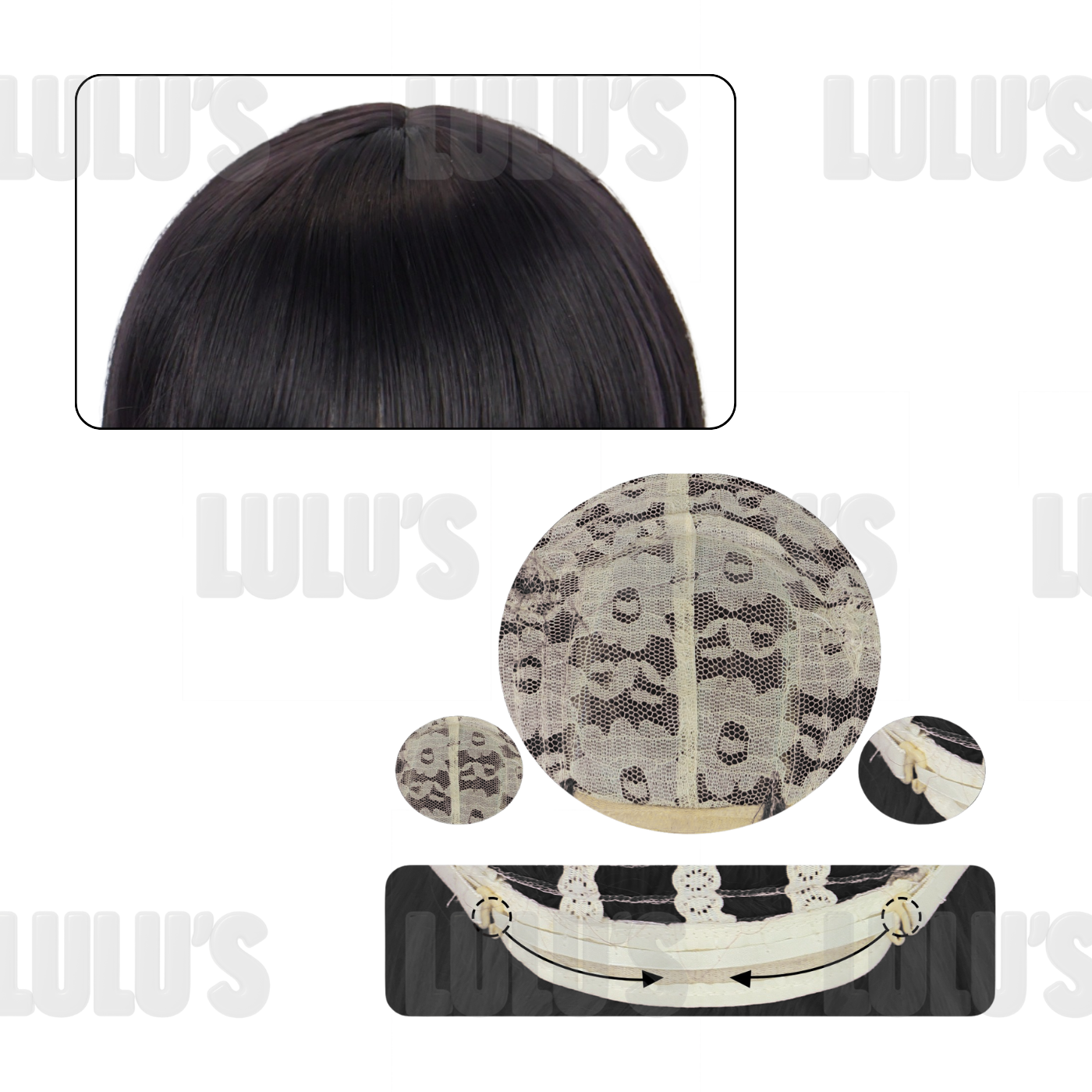 Interior lace structure and adjustable straps of Zoe cosplay black wig showing realistic scalp and hairline construction.