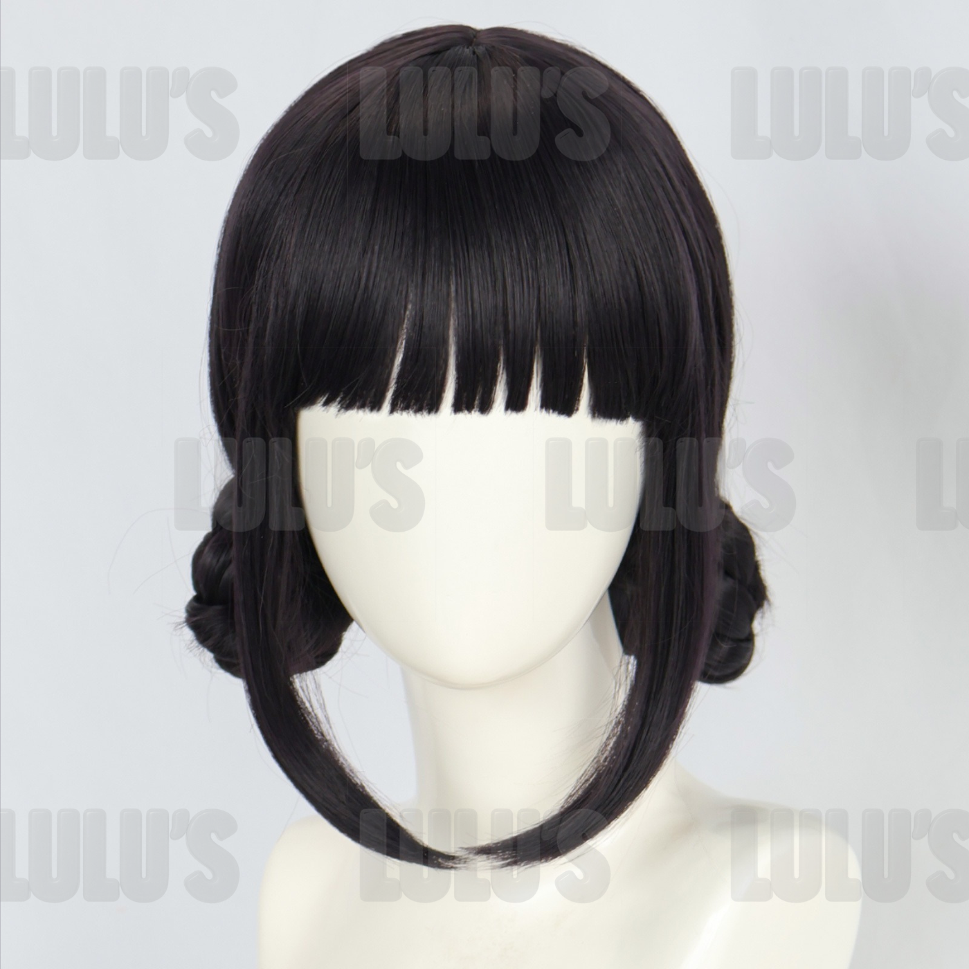 Front view of Zoe cosplay wig with straight black hair, short bangs, and side loops styled into character-accurate twin buns.