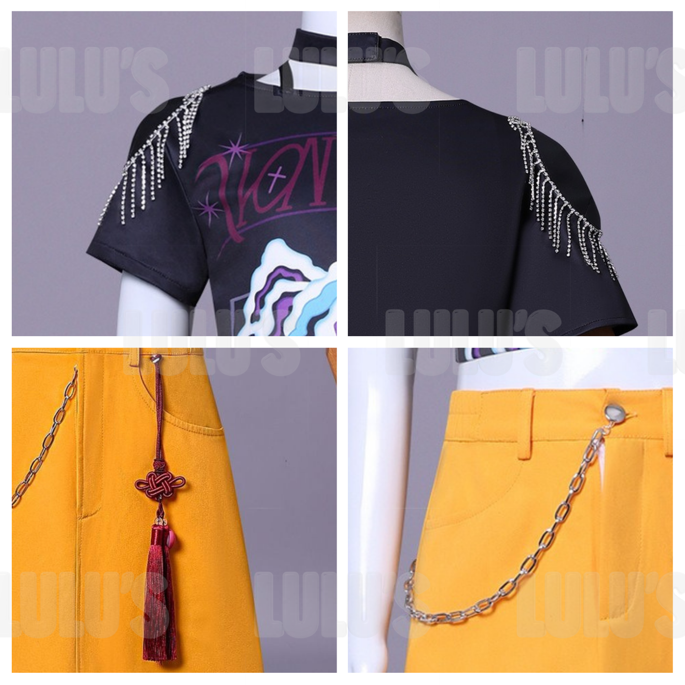 Collage of Zoey cosplay costume details, showing tassel skirt chain, shoulder rhinestone trim, and waistband