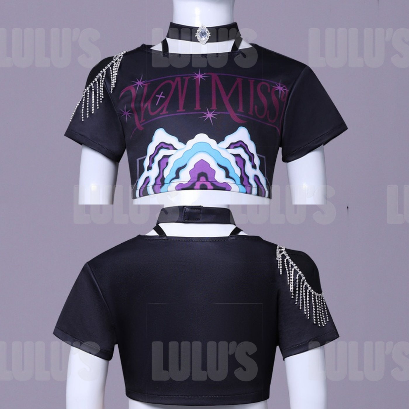 Close-up of Zoey kids cosplay costume crop top with shoulder chain details and graphic print, front and back views
