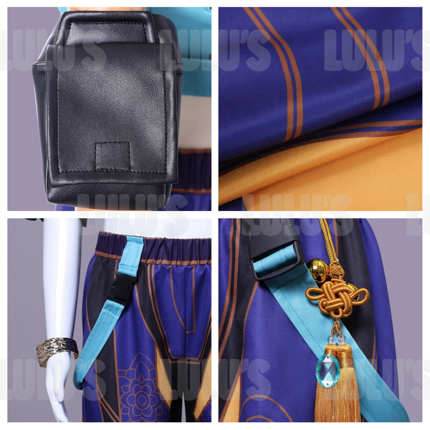 Detailed collage of Zoey kids cosplay outfit showing arm pouch, fabric texture, tassel ornament, and harness clips