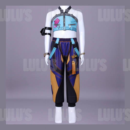 Front view of Zoey kids cosplay costume from K-pop Demon Hunters, featuring blue crop top with lotus design and detailed purple and gold pants