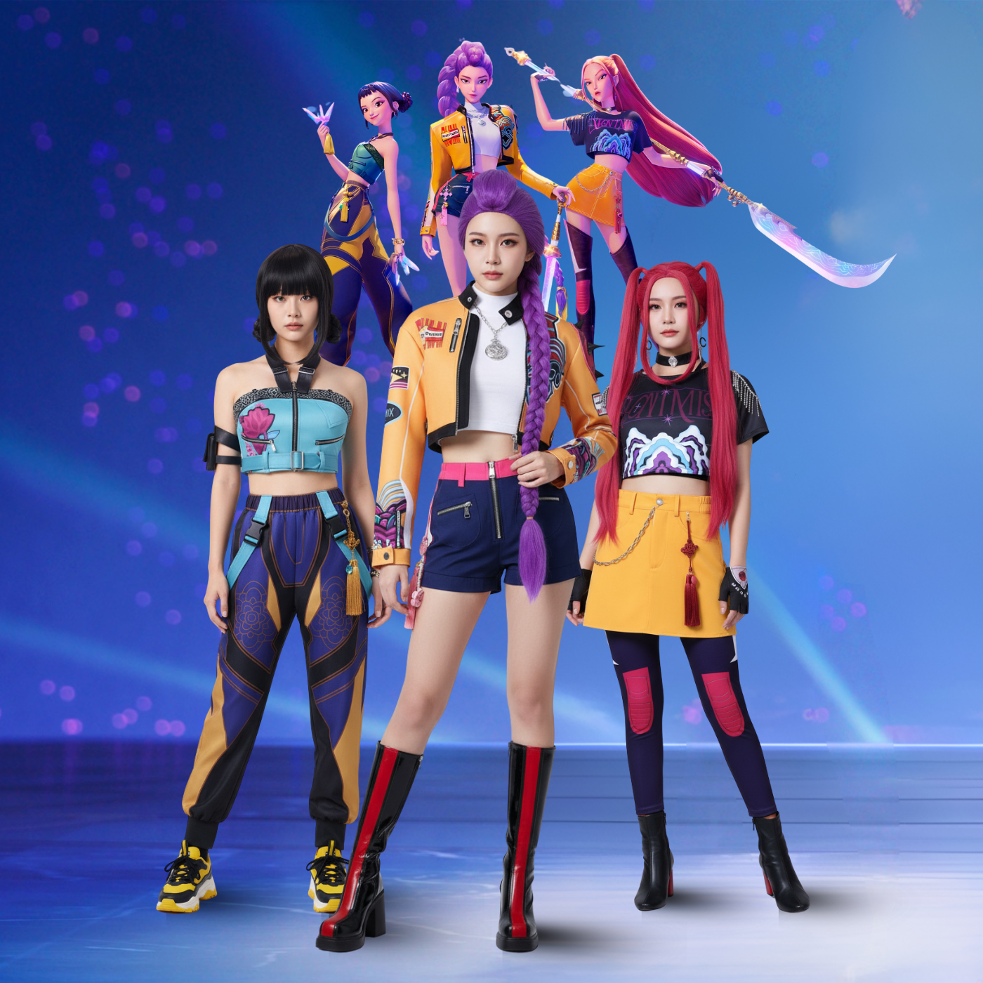 K-Pop Demon Hunters cosplay collection featuring Zoe, Rumi, and Mira in screen-accurate costumes with optional wigs, perfect for cosplay, conventions, and fans.