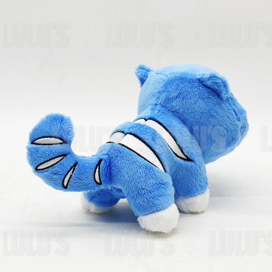 Angled back view of Derpy Cat plush showing playful face, stitched smile, and blue fur detail.