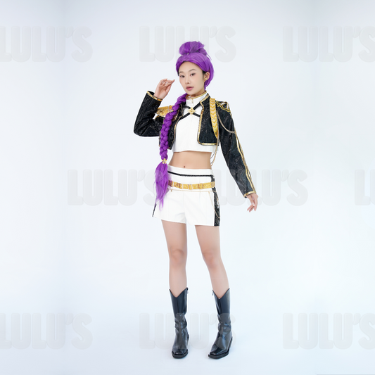 Front angled view of Rumi K-pop Demon Hunters Golden cosplay costume with sequin jacket, white skirt, and gold accessories