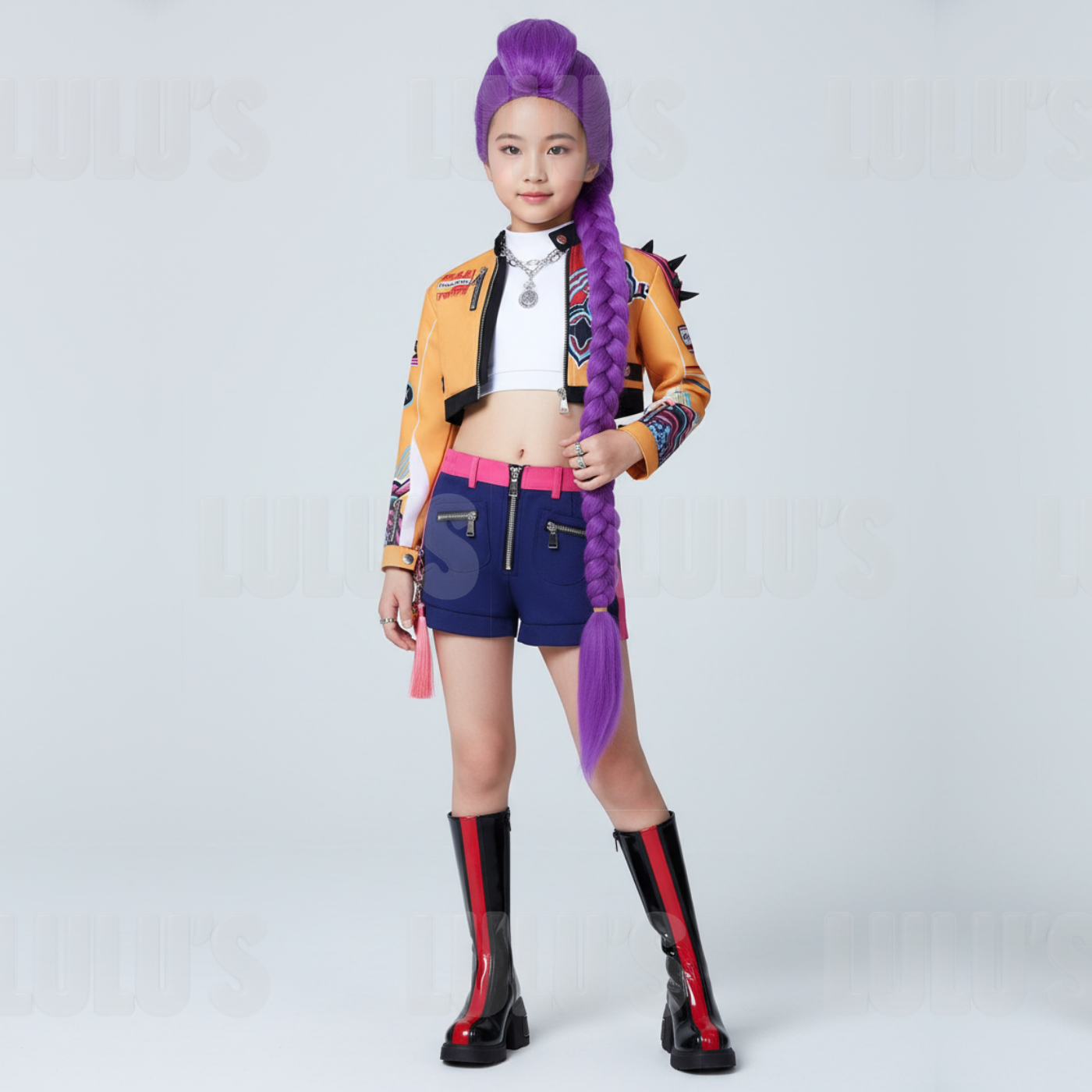 Front view of a model wearing Rumi kids cosplay costume from K-pop Demon Hunters Basic set with yellow cropped jacket, navy shorts, and purple braided wig
