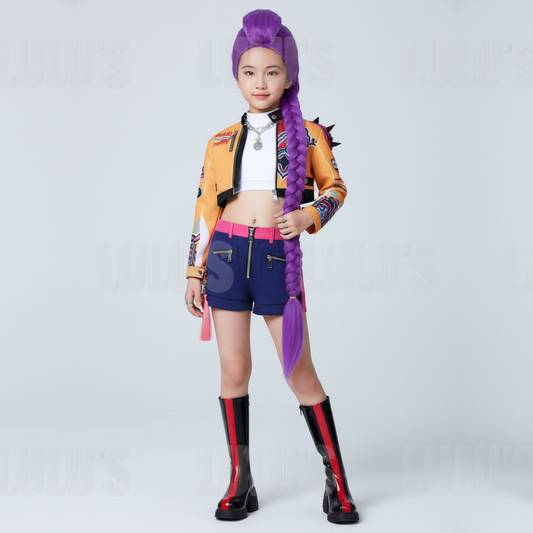 Front view of a model wearing Rumi kids cosplay costume from K-pop Demon Hunters Basic set with yellow cropped jacket, navy shorts, and purple braided wig