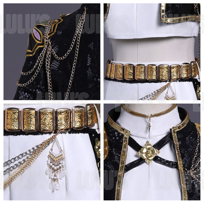 Detailed collage of Rumi Black and Gold cosplay outfit from K-pop Demon Hunters Golden showing chest brooch, waist sash, and gold accessories