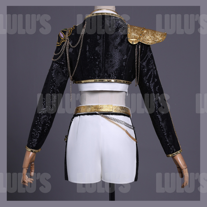 Back view of Rumi Black and Gold cosplay costume from K-pop Demon Hunters Golden, featuring cropped black sequin jacket, white skirt, and gold sash