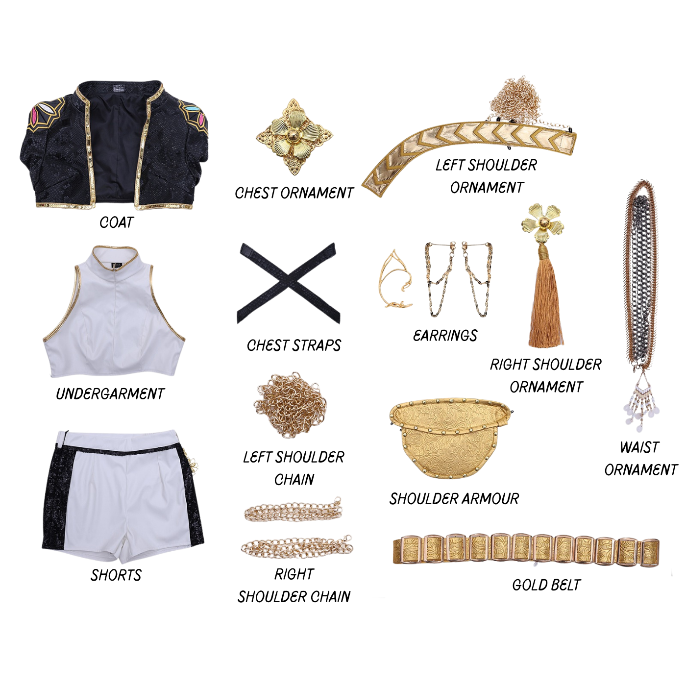 Flatlay of Rumi Black and Gold cosplay costume Golden version including jacket, skirt, bralette, choker, shoulder plates, sash, chest pin, earrings, and headpiece