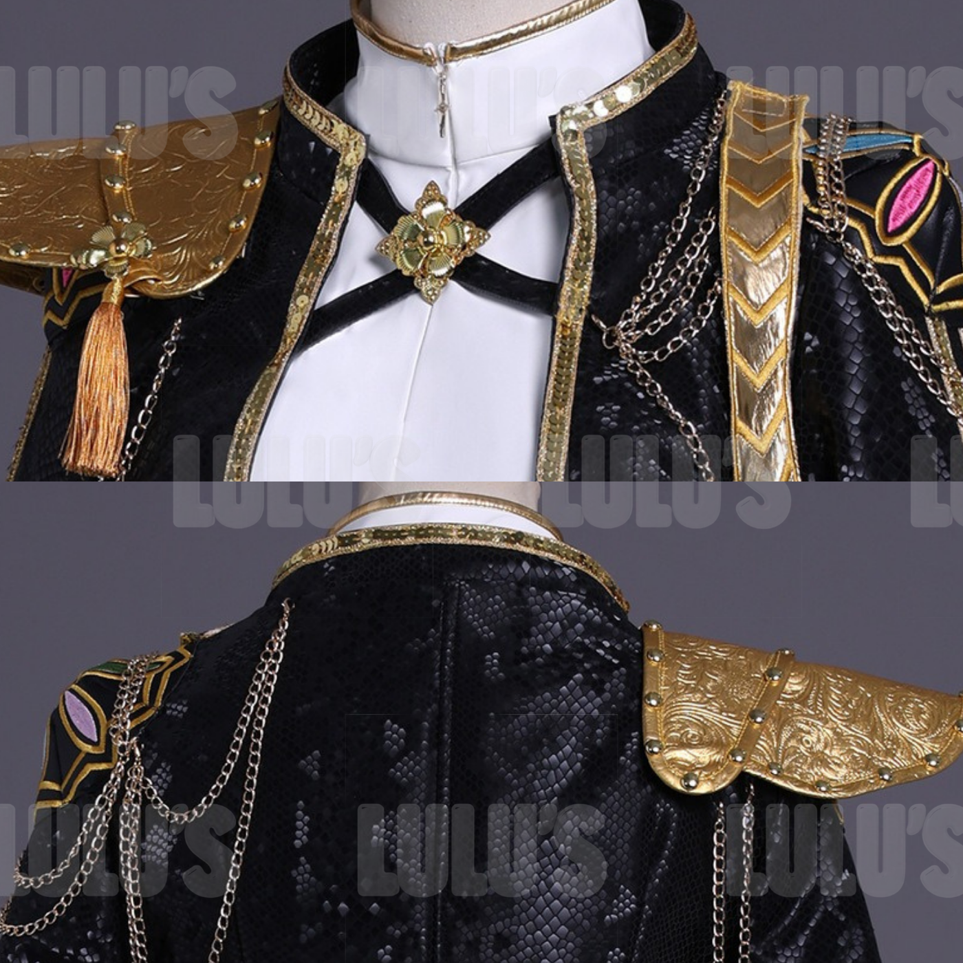 Close-up of Rumi cosplay costume Golden version with gold tassel shoulder plates, black sequin jacket, and floral chest brooch details