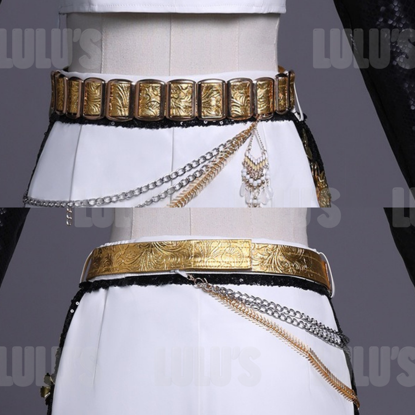 Close-up of Rumi cosplay costume Golden outfit waist with gold embossed sash, sequin belt, and hanging chain details
