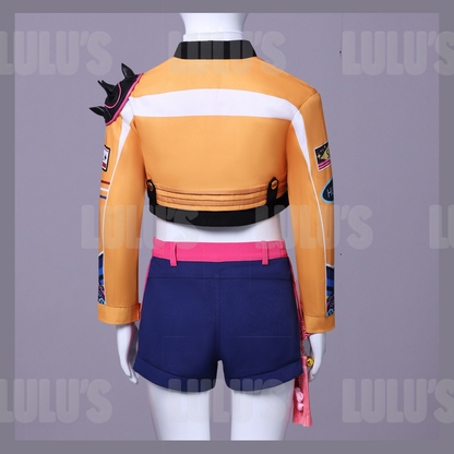 Back view of Rumi kids cosplay costume showing yellow cropped jacket with black trim and navy shorts with pink belt