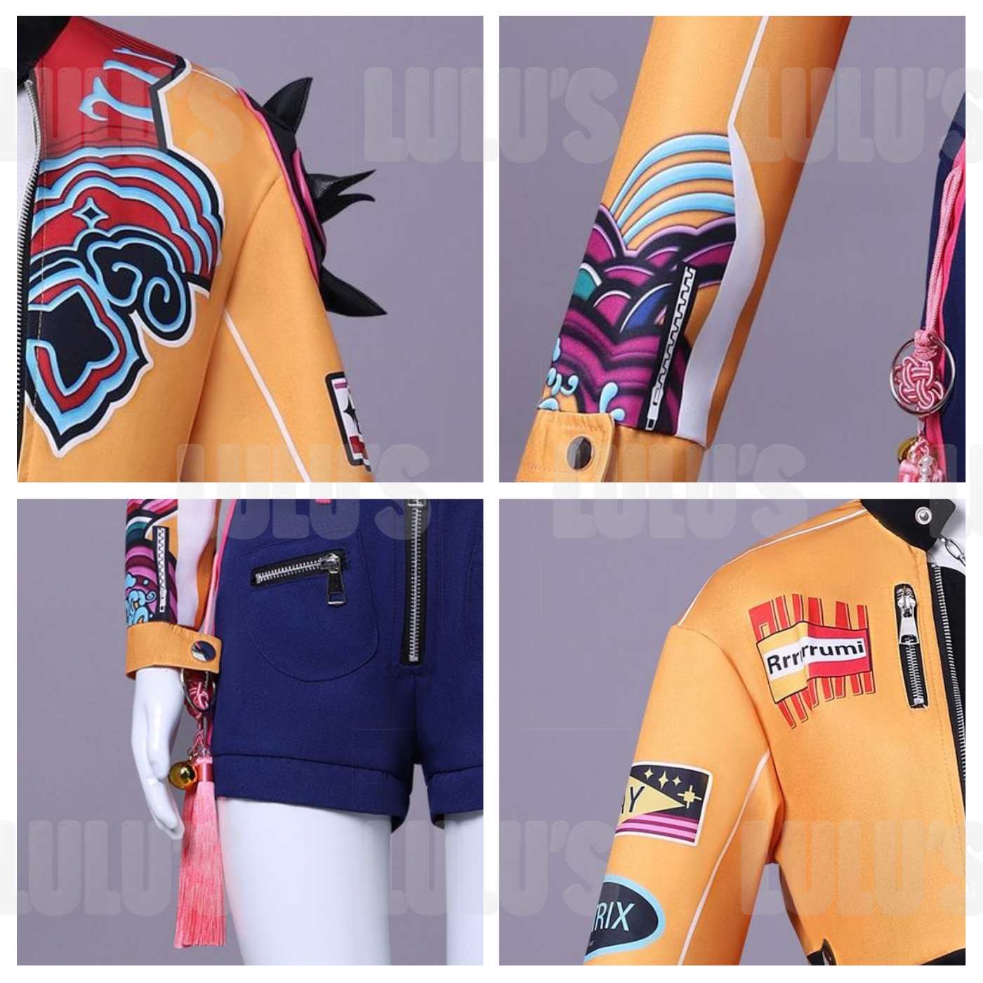 Detailed collage of Rumi Basic cosplay costume showing sleeve print, zipper shorts, shoulder spikes, and tassel accessory