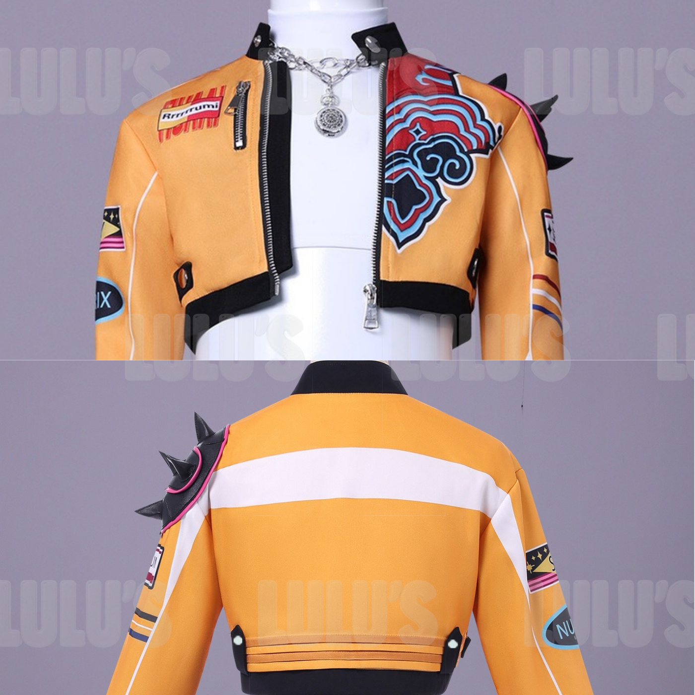 Close-up of Rumi kids Basic cosplay jacket featuring bold printed patches, spiked shoulder, and zipper details