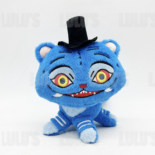 Front view of Derpy Cat plush showing wide embroidered yellow and red eyes, toothy grin and soft blue fur.