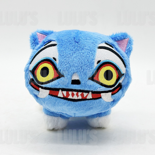 Bright blue Derpy Cat plush front view with embroidered wide yellow and red eyes, cheeky grin, and soft white paws.