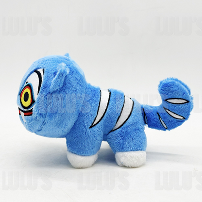 Side profile of Derpy Cat plush showing curled tail with embroidered stripes and compact soft body.