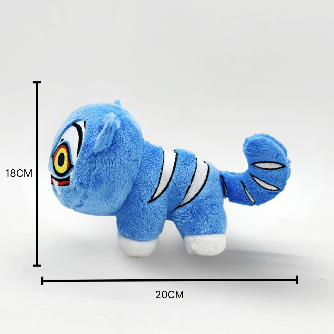Measurement image of Derpy Cat plush with 20 cm length, 12 cm height, and weight of 79 g.
