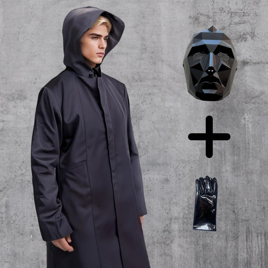 Squid Game Front Man Costume Dark Grey Cloak with Mask and PU Leather Gloves Hooded Robe for Halloween or Cosplay Events Premium Quality Trench Coat - Lulu's Costume Store