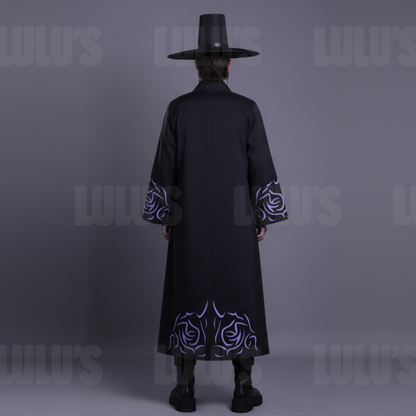 Jinu cosplay costume back view showing long robe design with violet embroidered patterns