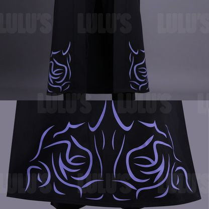 Jinu cosplay costume closeup of front and back view showing long robe design with violet embroidered patterns
