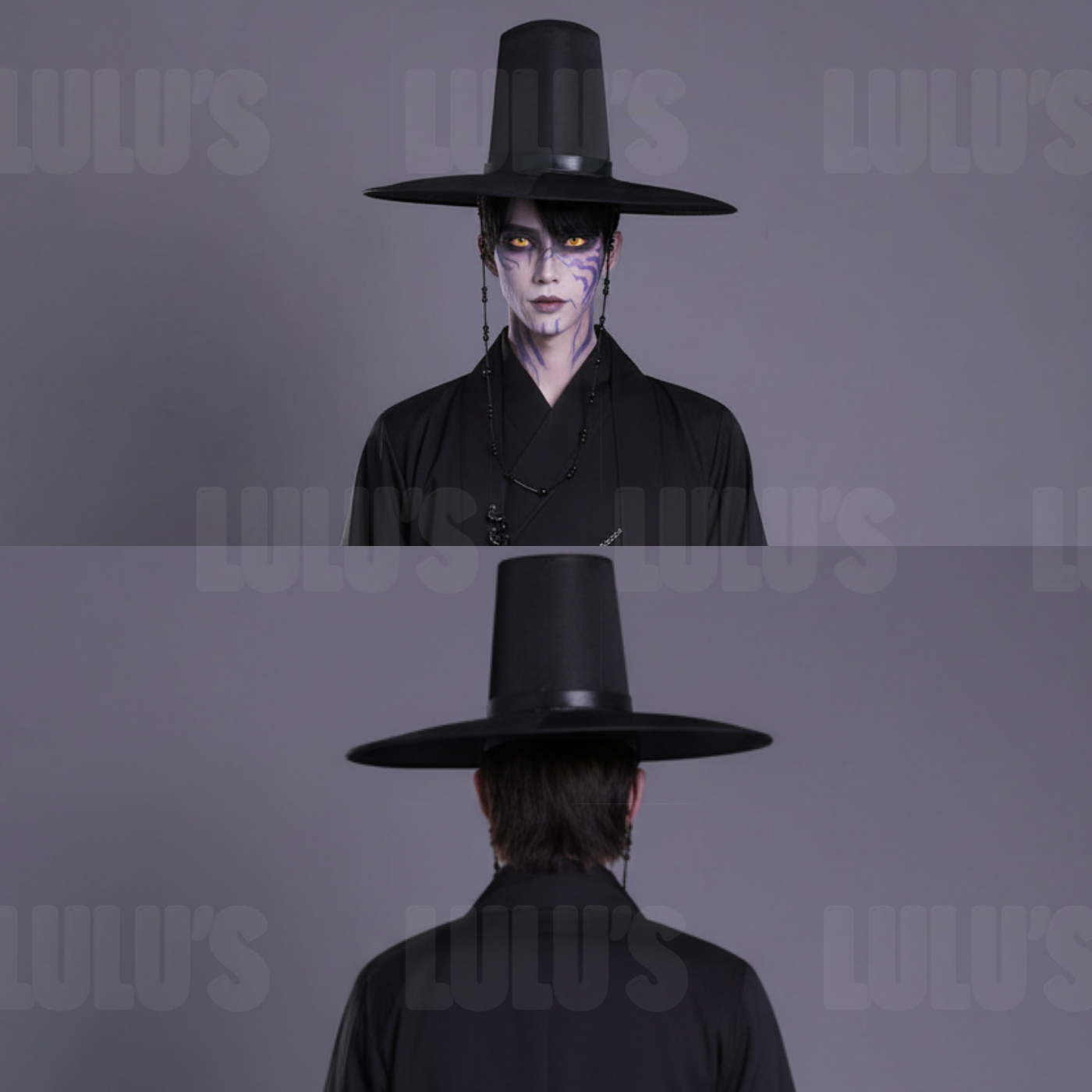 Detailed closeup of hat string beads fabric texture and silver chain accessories from Jinu costume